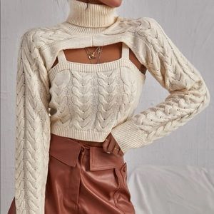 Cable Knit Cami Top & Turtle Neck Super Crop Sweater